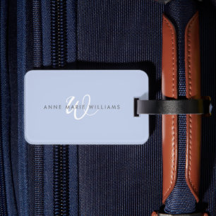 Étiquette À Bagage Monogramme Moderne Bleu Blanc Script