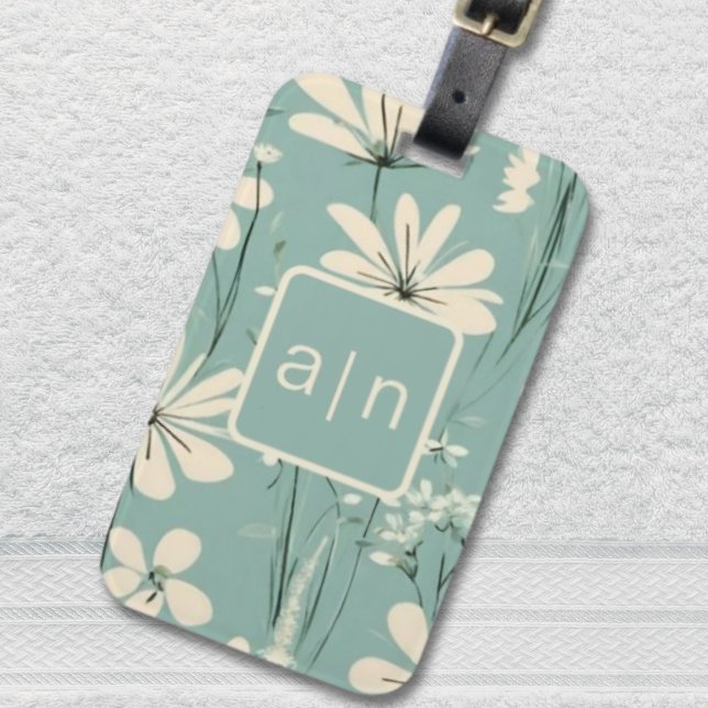 Étiquette À Bagage Monogramme Moderne Bleu Floral (Créateur téléchargé)