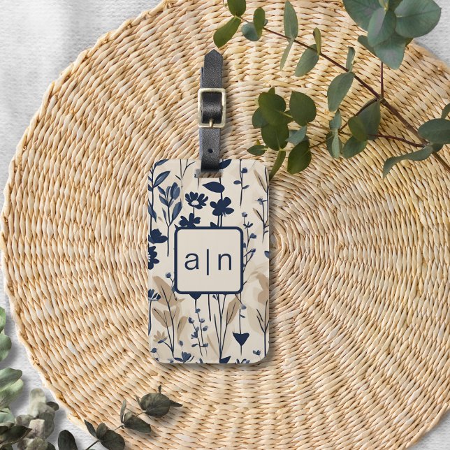 Étiquette À Bagage Monogramme Moderne Bleu Floral (Créateur téléchargé)