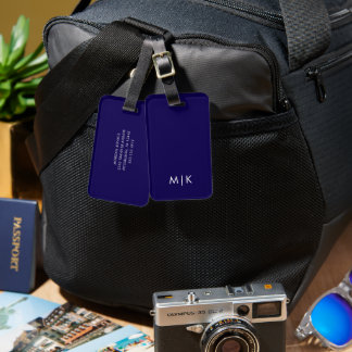 Étiquette À Bagage Monogramme Moderne Bleu Foncé et Blanc