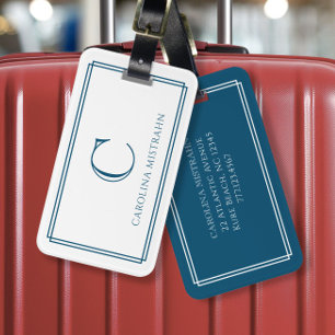 Étiquette À Bagage Monogramme Moderne Bleu Marine Double Bordure