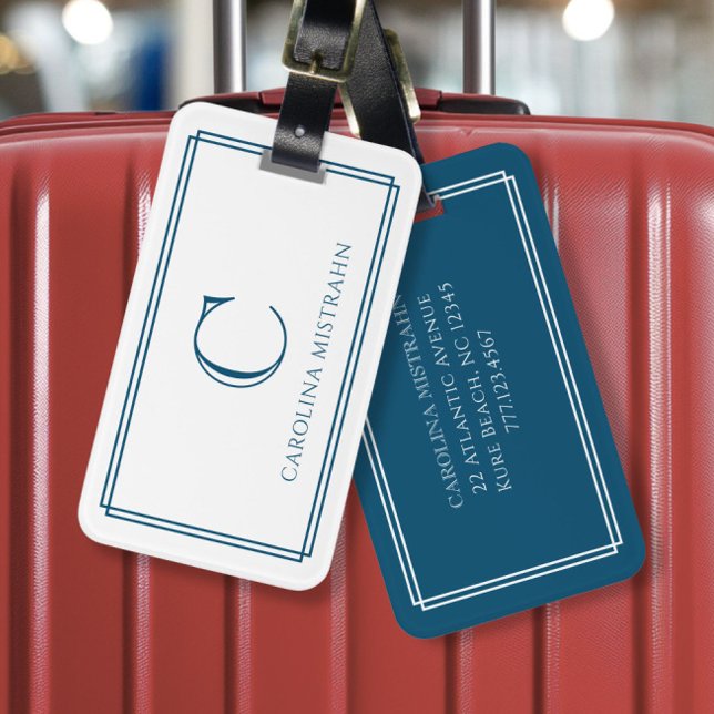 Étiquette À Bagage Monogramme Moderne Bleu Marine Double Bordure (Créateur téléchargé)