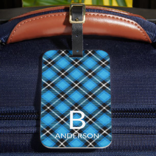 Étiquette À Bagage Monogramme Moderne Bleu Noir Plaid Motif   Tartan