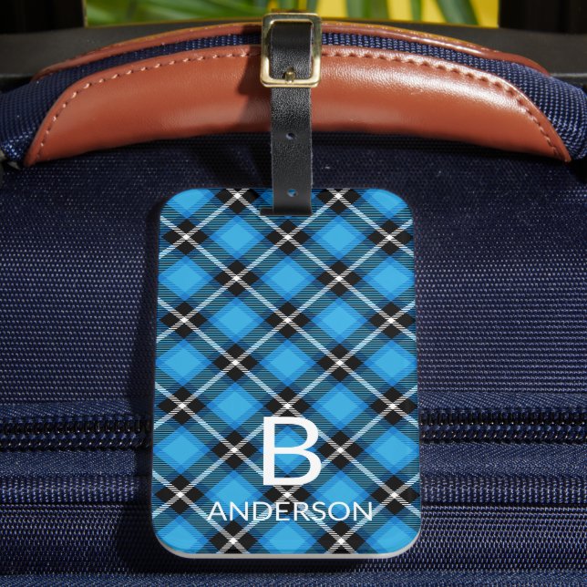 Étiquette À Bagage Monogramme Moderne Bleu Noir Plaid Motif | Tartan (Insitu Rectoal 2)