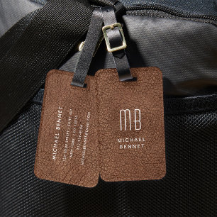 Étiquette À Bagage Monogramme Moderne Brown Faux Cuir Texture