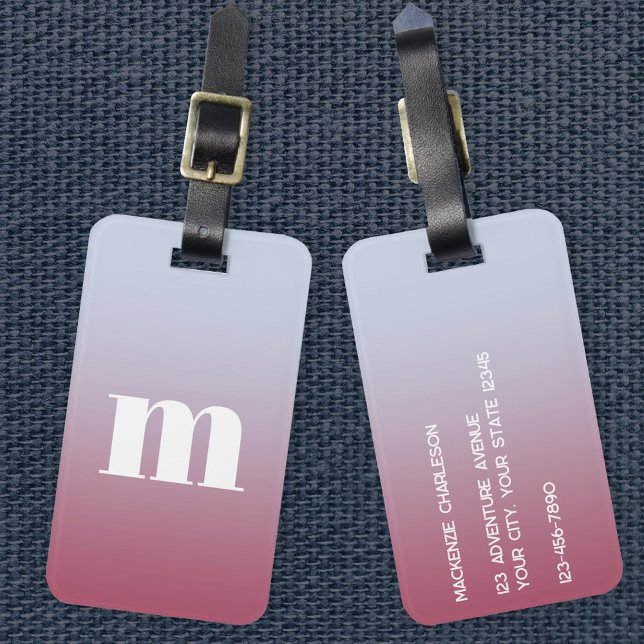 Étiquette À Bagage Monogramme moderne Dégradé rose initial (Simple modern monogram personalized raspberry pink to pale blue gradient luggage tag)