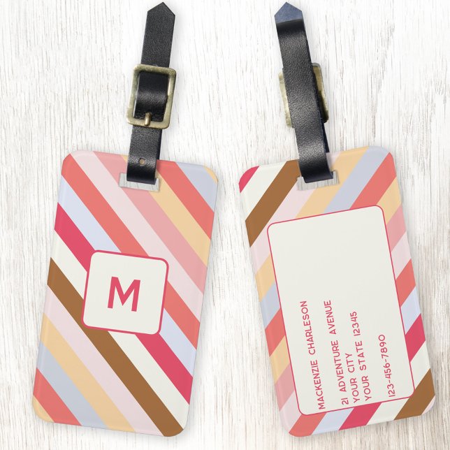Étiquette À Bagage Monogramme moderne Diagonal bonbon bande personnal (Modern personalize monogram initial diagonal candy stripe luggage tag)