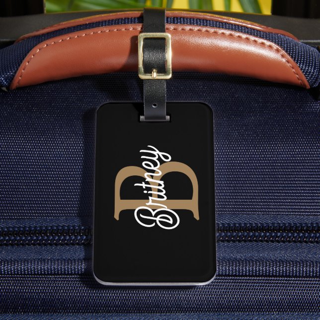 Étiquette À Bagage Monogramme moderne élégant Nom Black Gold Script (Insitu Rectoal 2)