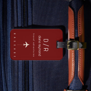 Étiquette À Bagage Monogramme Moderne Élégant Nom rouge foncé