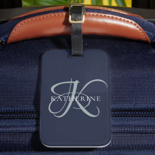 Étiquette À Bagage Monogramme moderne élégant Script Marine Bleu