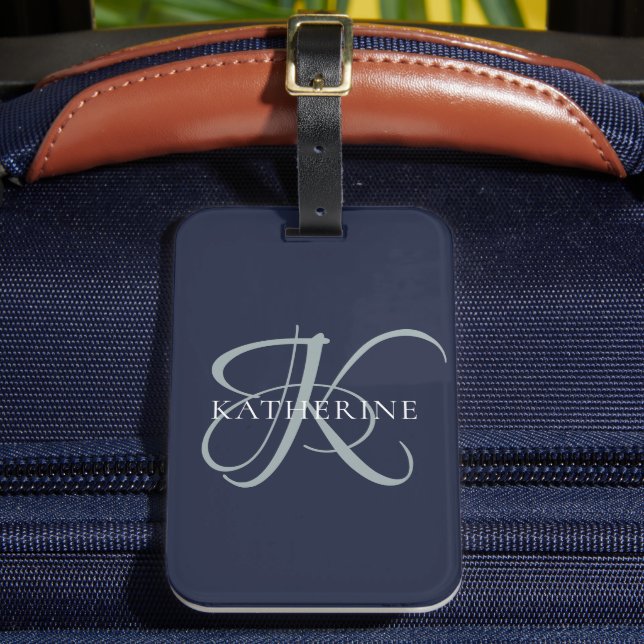 Étiquette À Bagage Monogramme moderne élégant Script Marine Bleu (Insitu Rectoal 2)