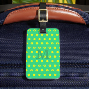 Étiquette À Bagage monogramme moderne fleurs vert jaune