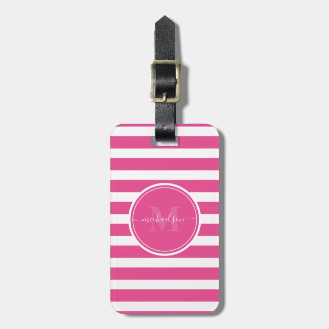 Étiquette À Bagage Monogramme moderne Hot Pink et White Stripes Nom (Devant Vertical)