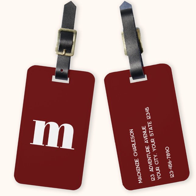 Étiquette À Bagage Monogramme moderne initial (Modern monogram initial personalized burgundy luggage tag)