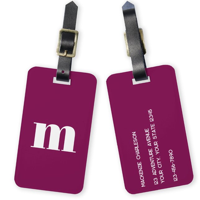 Étiquette À Bagage Monogramme moderne initial (Simple lower case modern monogram initial personalized luggage tag in dark pink burgundy)
