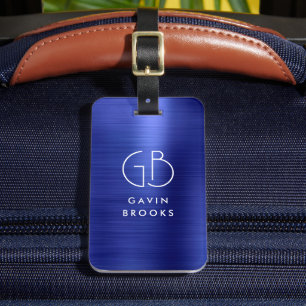 Étiquette À Bagage Monogramme moderne Marine Bleu Brûlé Glam Métalliq