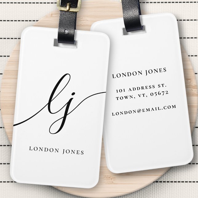 Étiquette À Bagage Monogramme moderne Noir Blanc Calligraphie Initial (Créateur téléchargé)