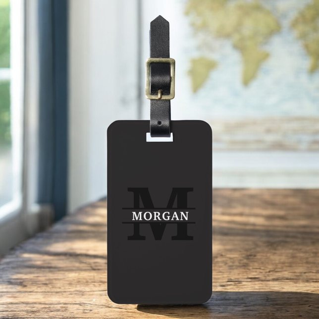 Étiquette À Bagage Monogramme moderne noir blanc minimaliste (Créateur téléchargé)