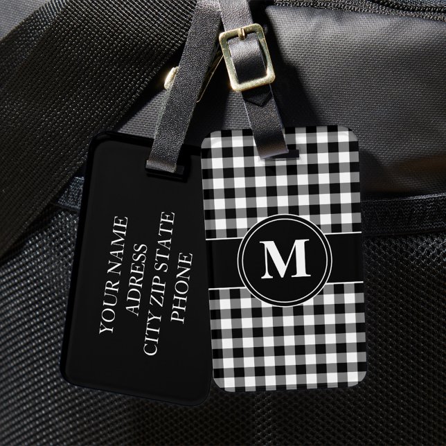 Étiquette À Bagage Monogramme Moderne Noir Et Blanc (Monogram Black & White Gingham Checks Pattern Luggage Tag)