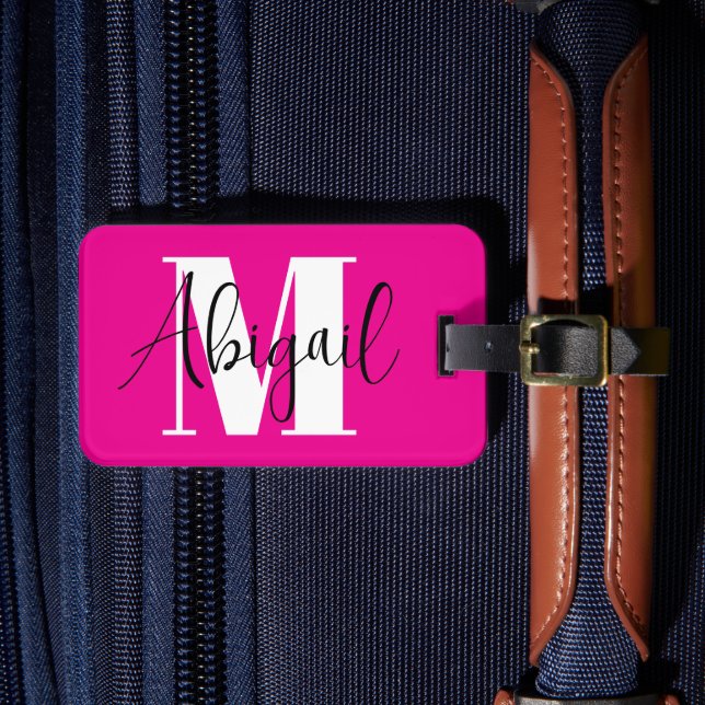 Étiquette À Bagage Monogramme moderne noir et blanc rose chaud (Insitu Rectoal 4)