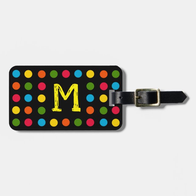 Étiquette À Bagage Monogramme Moderne Noir Multicolore Pointe Polka (Devant horizontal)