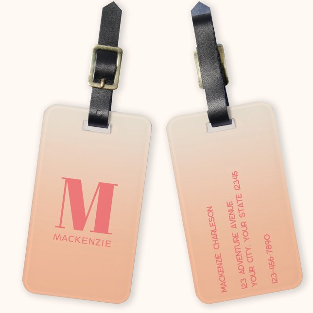 Étiquette À Bagage Monogramme moderne Nom initial Peach Gradient (Peach gradient monogram initial personalized luggage tag)