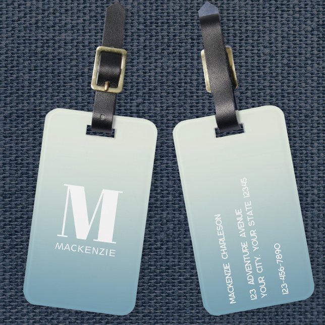 Étiquette À Bagage Monogramme moderne Nom initial Turquoise Aqua Grad (Simple modern monogram name personalized teal aqua gradient luggage tag)