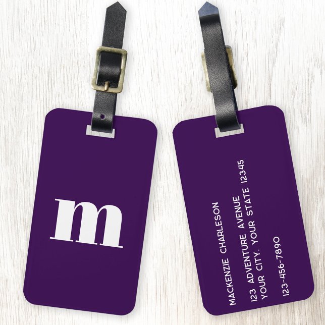 Étiquette À Bagage Monogramme moderne Plum initial violet (Modern monogram initial personalized dark plum purple luggage tag)