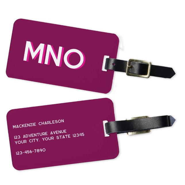 Étiquette À Bagage Monogramme moderne Premier rose foncé Bourgogne (Simple monogram initials personalized dark pink burgundy drop shadow typography luggage tag)