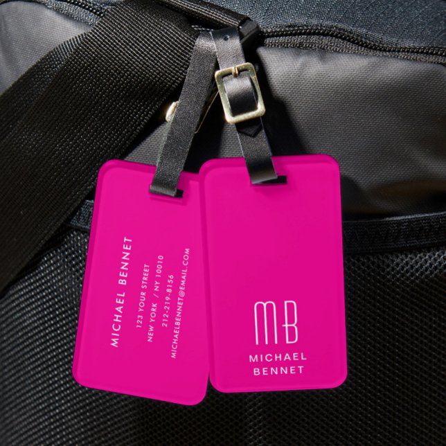 Étiquette À Bagage Monogramme Moderne Rose (Modern Monogram Pink Luggage Tag)