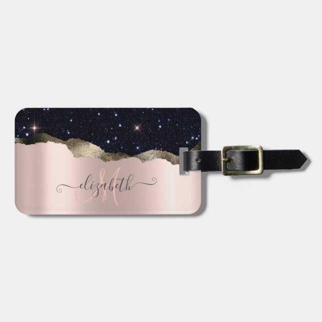 Étiquette À Bagage Monogramme Moderne Rose Gold Pailleté Noir (Devant horizontal)