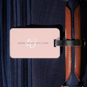 Étiquette À Bagage Monogramme Moderne Rose Pâle Écriture Blanche