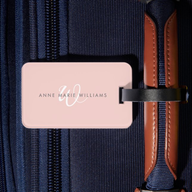 Étiquette À Bagage Monogramme Moderne Rose Pâle Écriture Blanche (Verso Insitu 2)
