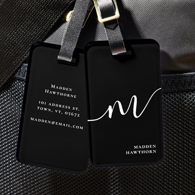 Étiquette À Bagage Monogramme moderne Script Calligraphie noir (Créateur téléchargé)