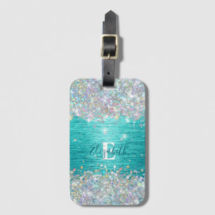 Étiquette À Bagage Monogramme moderne Turquoise Holographique Faux Pa