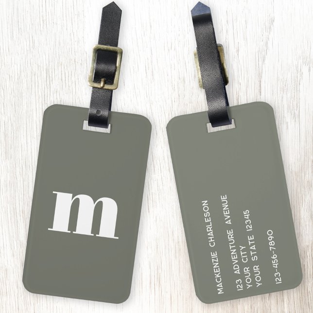 Étiquette À Bagage Monogramme moderne - Vert initial (Simple modern monogram initial personalized sage green elegant luggage tag)