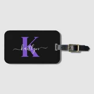 Étiquette À Bagage Monogramme Moderne Violet Noir Script