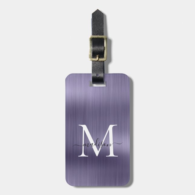 Étiquette À Bagage Monogramme Monogramme de script métallique brossé  (Devant Vertical)