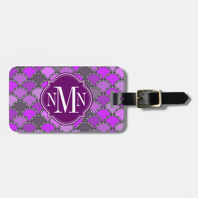 Étiquette À Bagage Monogramme Motif à échelles violet et mauve (Devant horizontal)