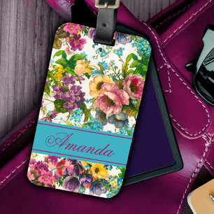 Étiquette À Bagage monogramme motif blanc vintage et fleuri