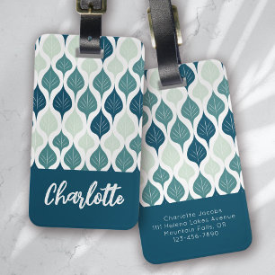 Étiquette À Bagage Monogramme Motif bleu Retro Vibe Leaf