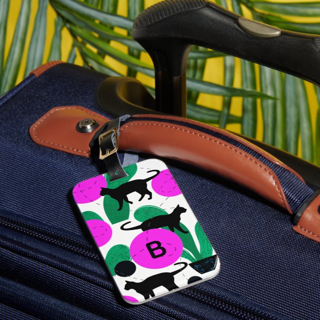 Étiquette À Bagage Monogramme Motif de chats noirs et de cactus moder (Insitu Rectoal 1)