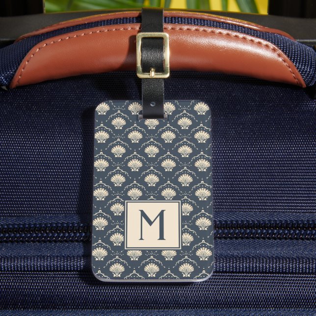 Étiquette À Bagage Monogramme Motif de coquillage bleu profond et crè (Insitu Rectoal 2)
