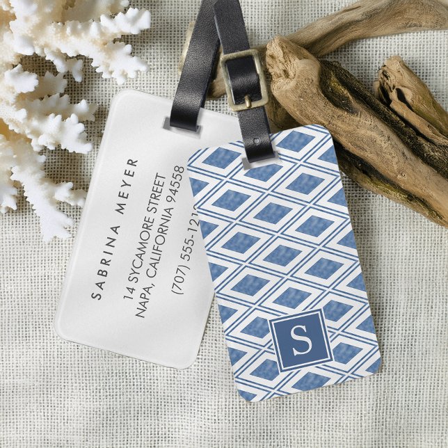 Étiquette À Bagage Monogramme Motif de diamants bleu Indigo (Créateur téléchargé)