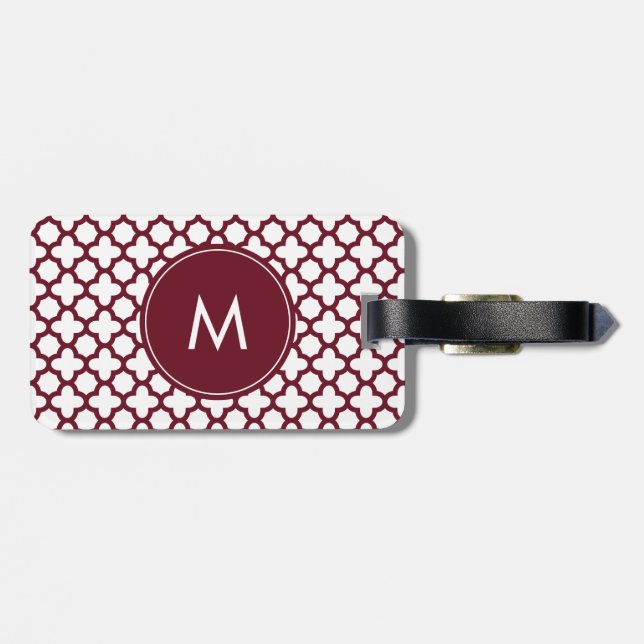 Étiquette À Bagage Monogramme Motif de quatrefoil bordeaux et blanc (Dos horizontal)