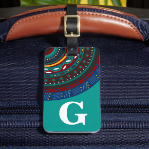Étiquette À Bagage Monogramme, Motif d'inspiration tribale, Turquoise