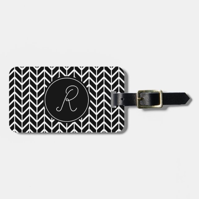 Étiquette À Bagage Monogramme Motif initial en sanglier noir et blanc (Devant horizontal)