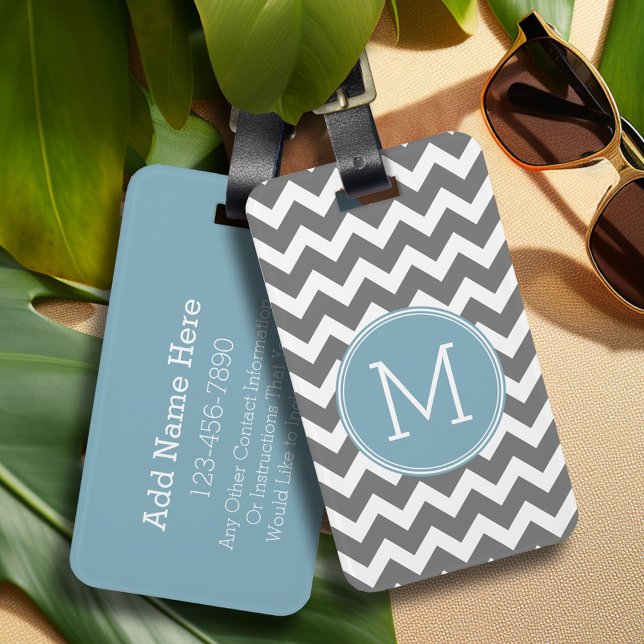 Étiquette À Bagage Monogramme Motif personnalisé Grey Pastel Bleu Che (Personalized luggage tag - Add Your contact information and monogram)