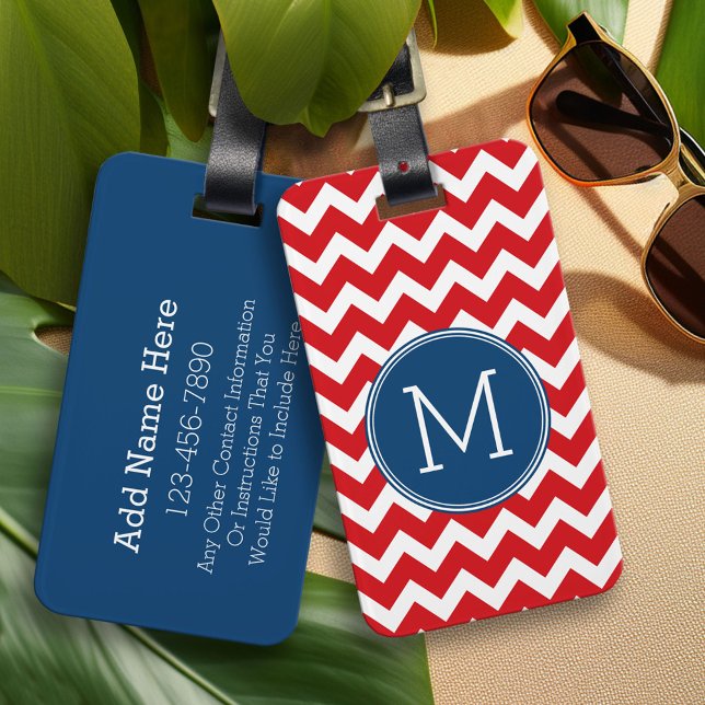 Étiquette À Bagage Monogramme Motif personnalisé rouge et bleu marine (Custom Monogram Luggage Tag)