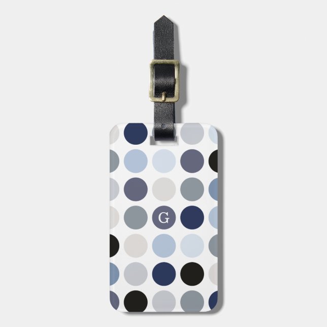 Étiquette À Bagage monogramme motif pois bleu moderne (Devant Vertical)